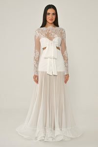 LEZ DANTEL SATEN BAGLAMALI TRANSPARAN ETEGİ ŞİFON UZUN ABİYE ELBİSE