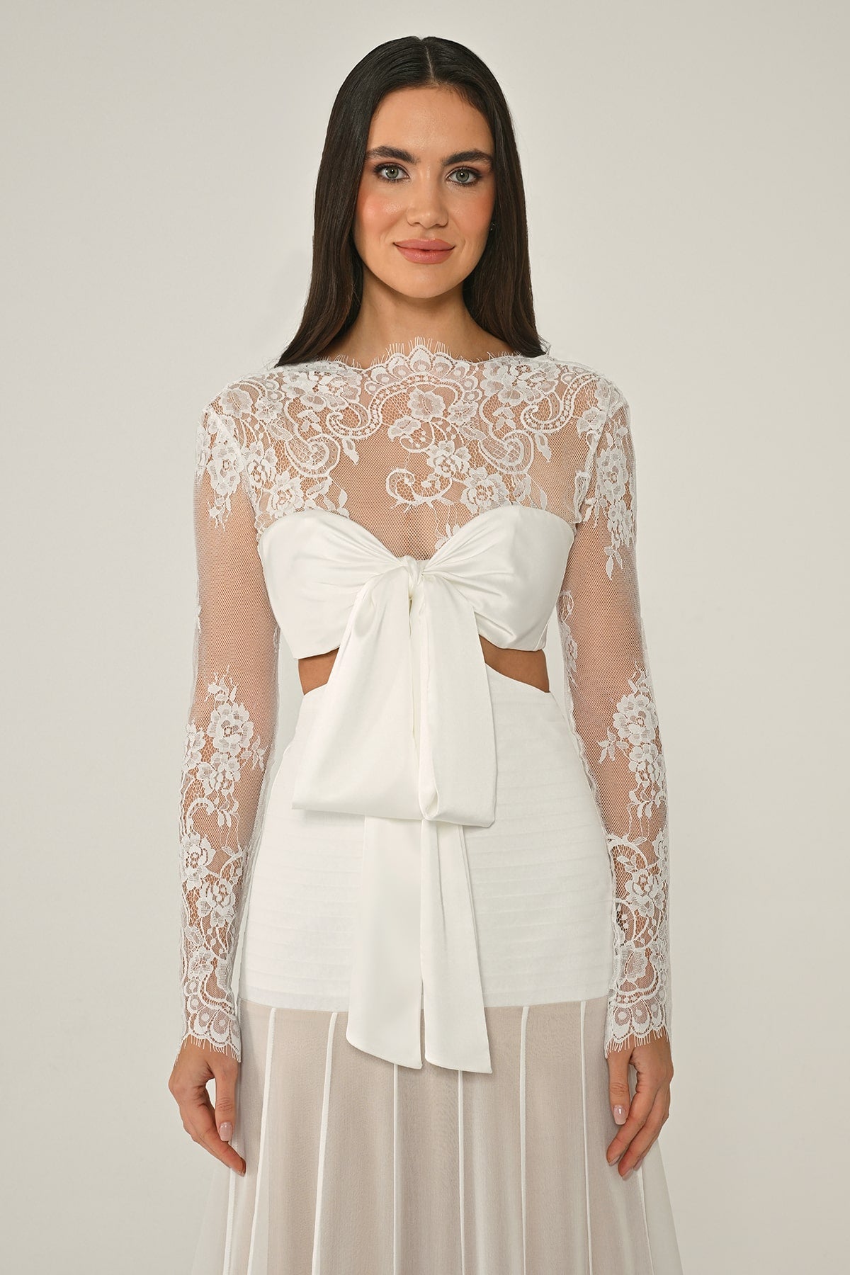 LEZ DANTEL SATEN BAGLAMALI TRANSPARAN ETEGİ ŞİFON UZUN ABİYE ELBİSE