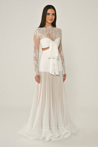 LEZ DANTEL SATEN BAGLAMALI TRANSPARAN ETEGİ ŞİFON UZUN ABİYE ELBİSE