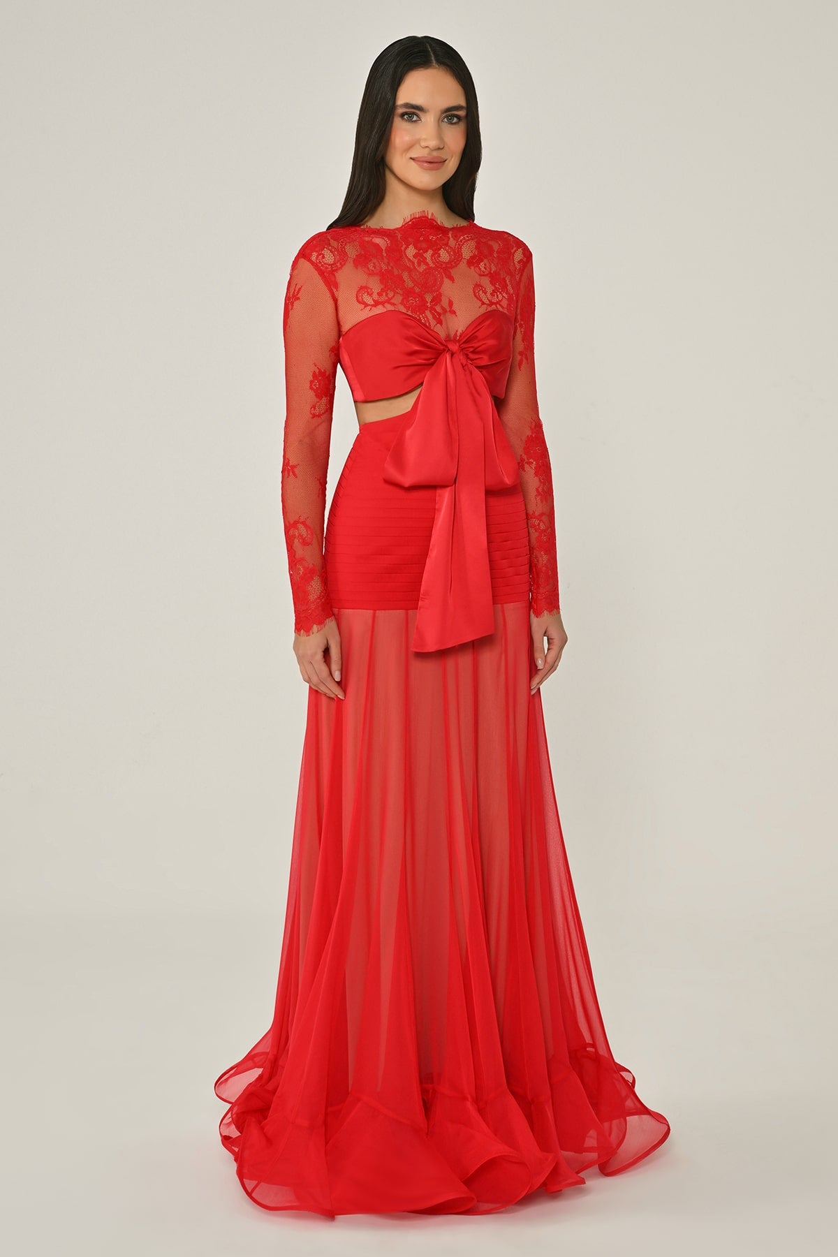 LEZ DANTEL SATEN BAGLAMALI TRANSPARAN ETEGİ ŞİFON UZUN ABİYE ELBİSE