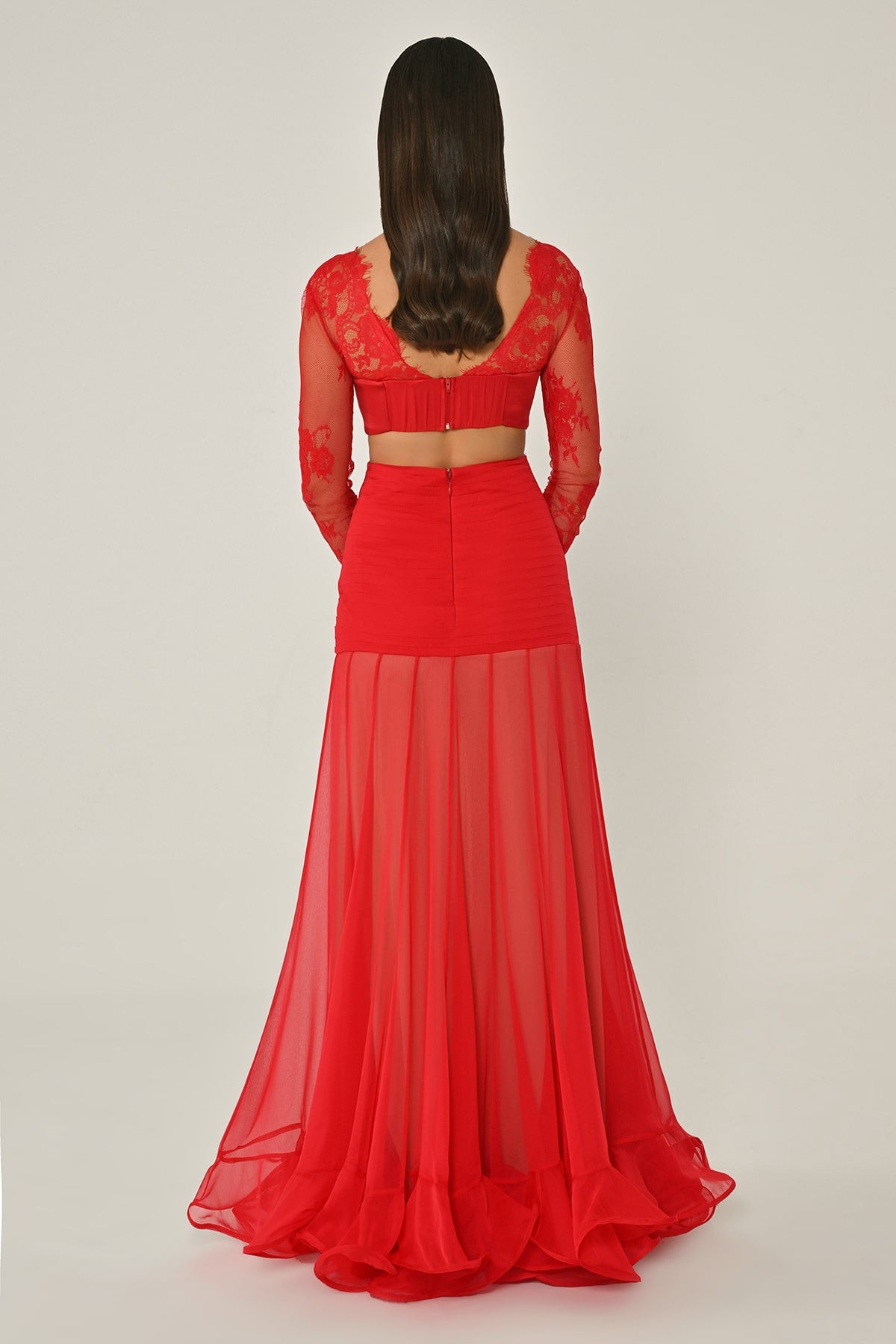 LEZ DANTEL SATEN BAGLAMALI TRANSPARAN ETEGİ ŞİFON UZUN ABİYE ELBİSE