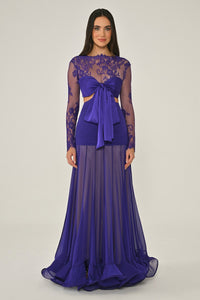 LEZ DANTEL SATEN BAGLAMALI TRANSPARAN ETEGİ ŞİFON UZUN ABİYE ELBİSE