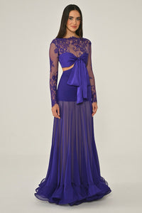 LEZ DANTEL SATEN BAGLAMALI TRANSPARAN ETEGİ ŞİFON UZUN ABİYE ELBİSE