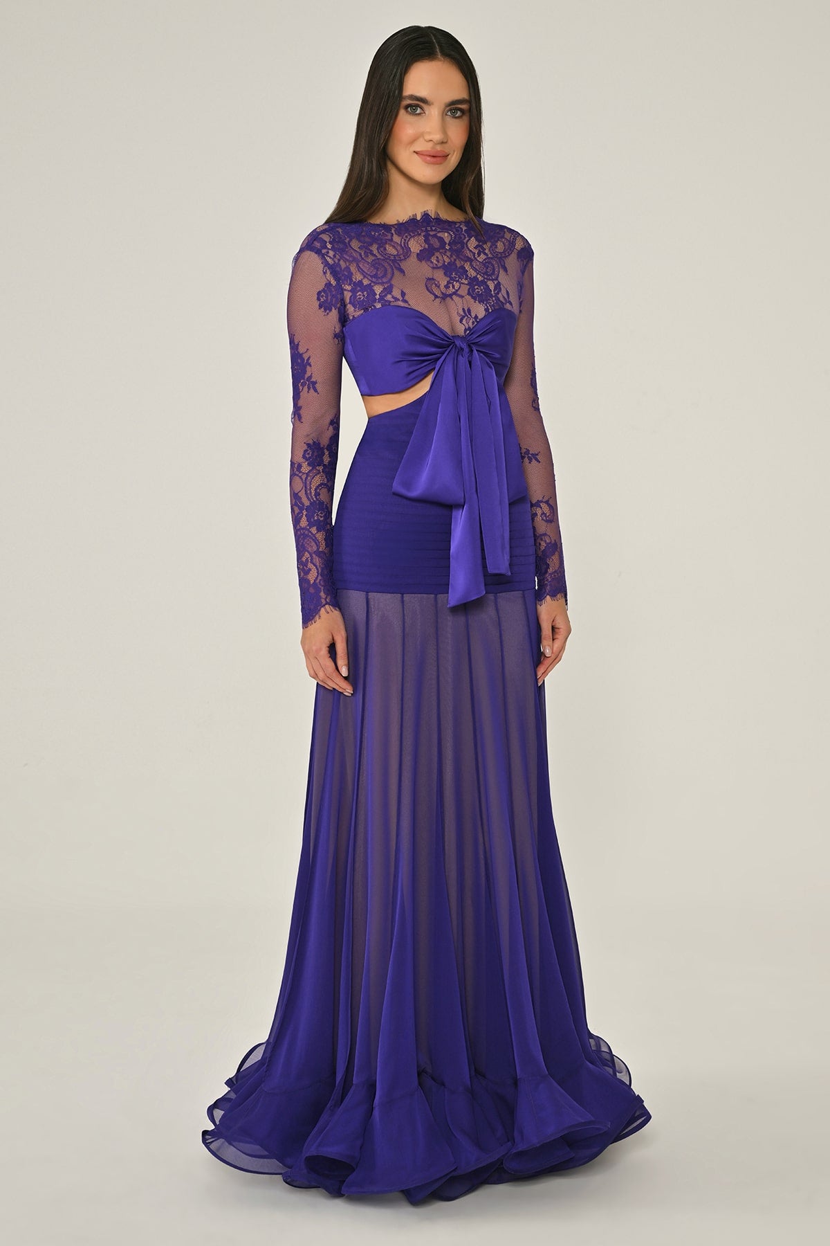 LEZ DANTEL SATEN BAGLAMALI TRANSPARAN ETEGİ ŞİFON UZUN ABİYE ELBİSE