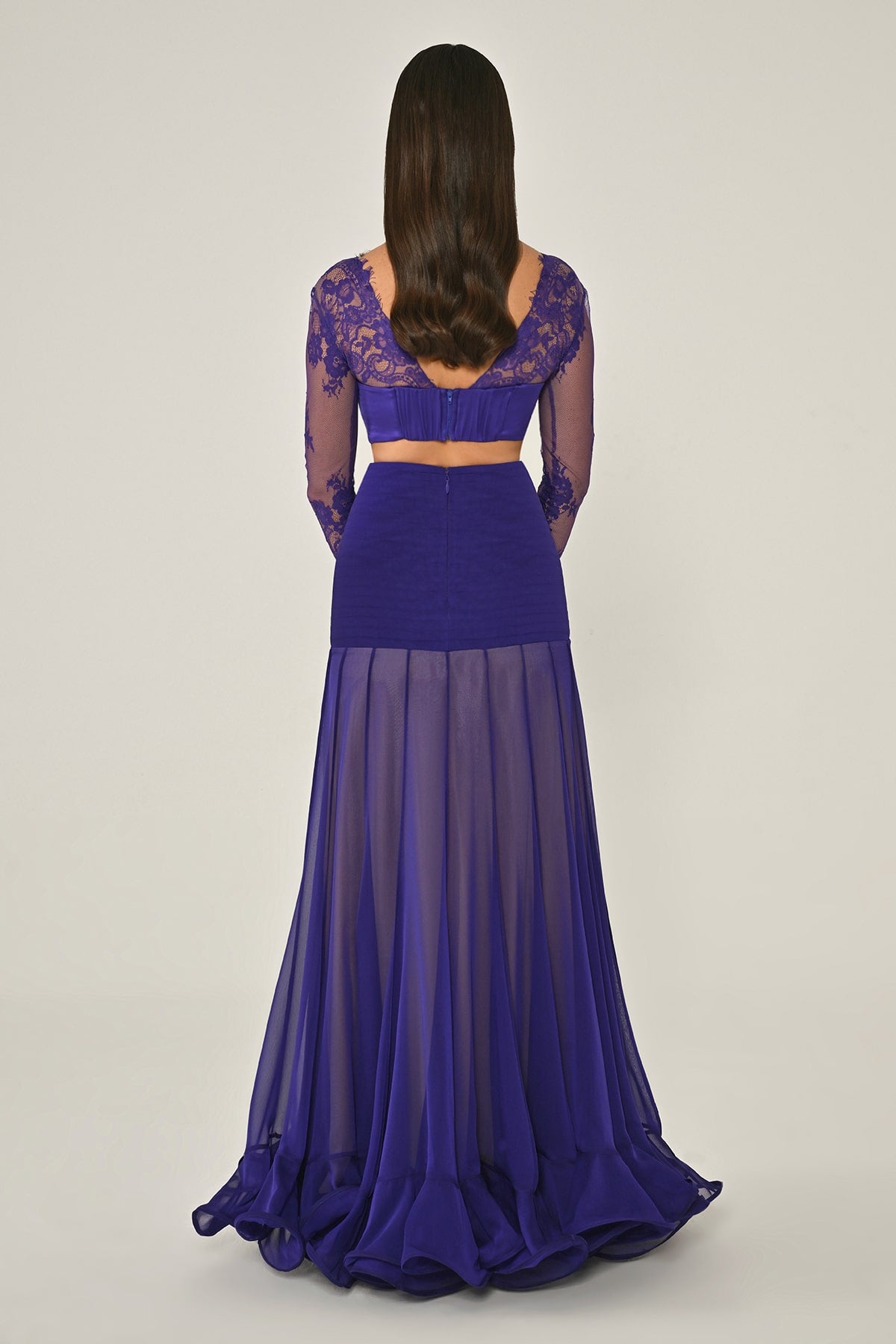 LEZ DANTEL SATEN BAGLAMALI TRANSPARAN ETEGİ ŞİFON UZUN ABİYE ELBİSE