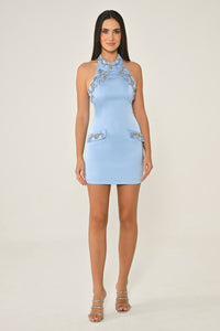 HALTER YAKA İŞLEMELİ SATEN KISA ABİYE ELBİSE