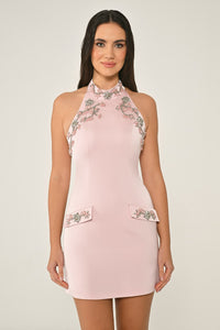 HALTER YAKA İŞLEMELİ SATEN KISA ABİYE ELBİSE