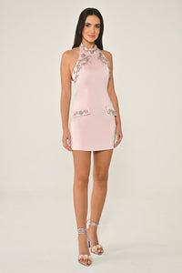 HALTER YAKA İŞLEMELİ SATEN KISA ABİYE ELBİSE