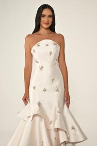 STRAPLEZ KATLI ETEK TAŞLI SATEN UZUN ABİYE ELBİSE