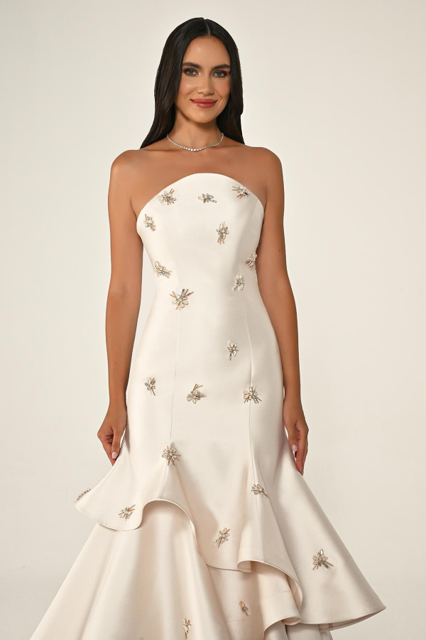 STRAPLEZ KATLI ETEK TAŞLI SATEN UZUN ABİYE ELBİSE