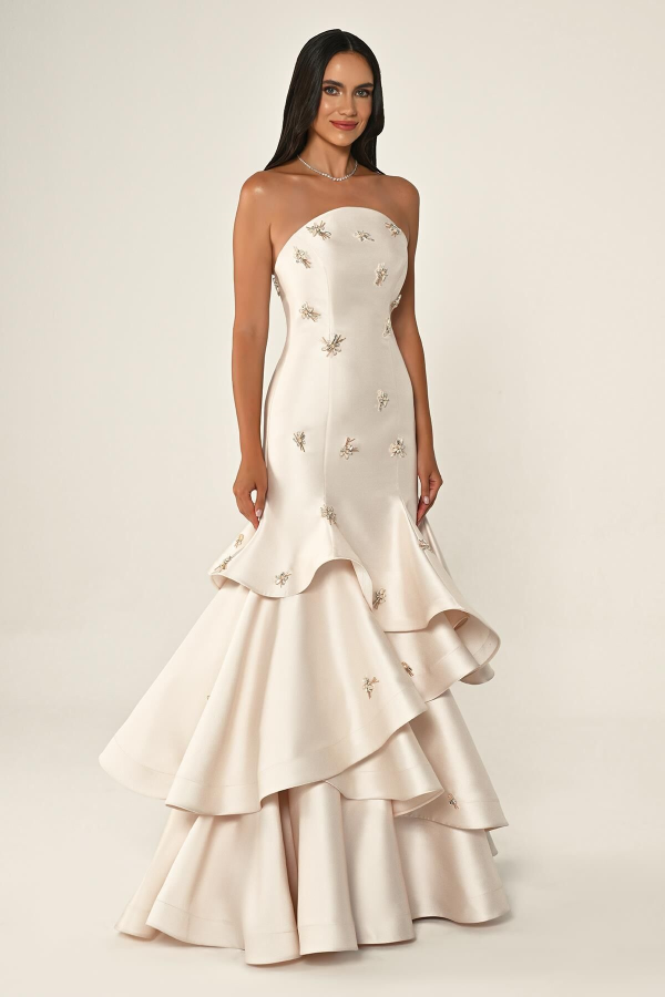 STRAPLEZ KATLI ETEK TAŞLI SATEN UZUN ABİYE ELBİSE