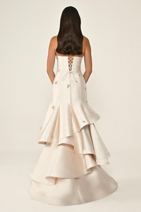 STRAPLEZ KATLI ETEK TAŞLI SATEN UZUN ABİYE ELBİSE