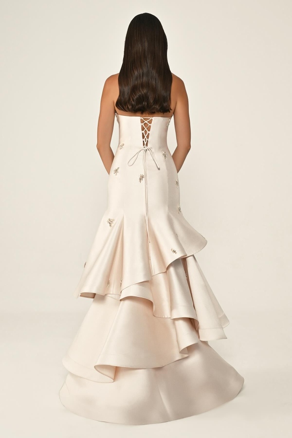 STRAPLEZ KATLI ETEK TAŞLI SATEN UZUN ABİYE ELBİSE