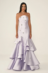 STRAPLEZ KATLI ETEK TAŞLI SATEN UZUN ABİYE ELBİSE