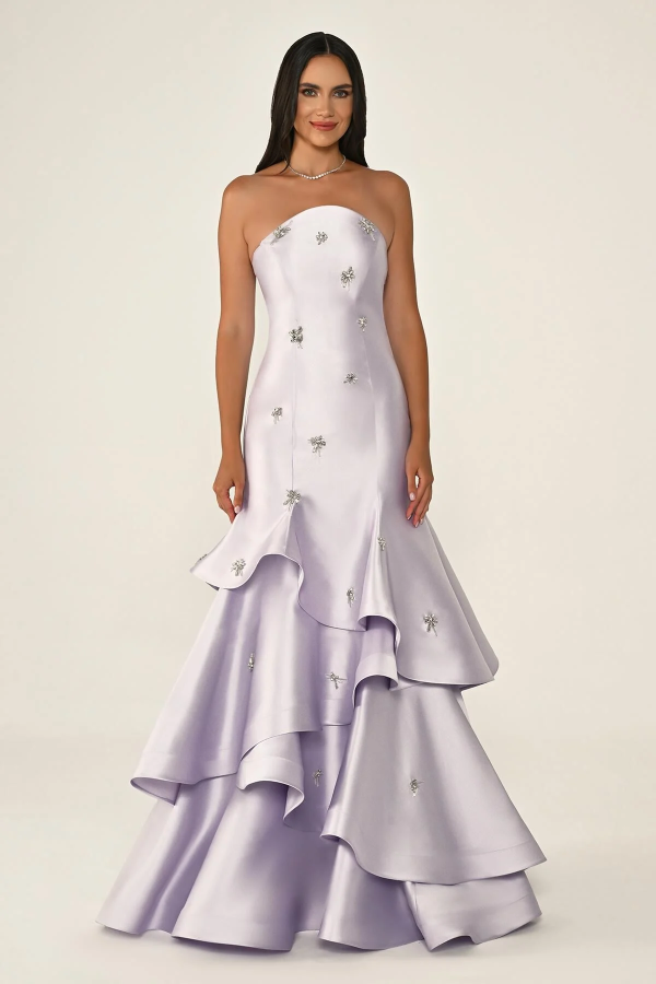 STRAPLEZ KATLI ETEK TAŞLI SATEN UZUN ABİYE ELBİSE