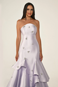 STRAPLEZ KATLI ETEK TAŞLI SATEN UZUN ABİYE ELBİSE