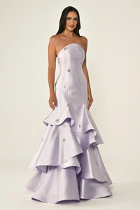 STRAPLEZ KATLI ETEK TAŞLI SATEN UZUN ABİYE ELBİSE