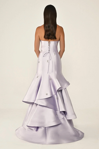 STRAPLEZ KATLI ETEK TAŞLI SATEN UZUN ABİYE ELBİSE