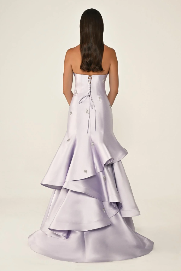 STRAPLEZ KATLI ETEK TAŞLI SATEN UZUN ABİYE ELBİSE