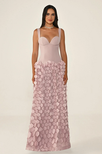 ÜST LATEKS KUMAŞ ETEĞİ ÜÇ BOYUTLU UZUN ABİYE ELBİSE