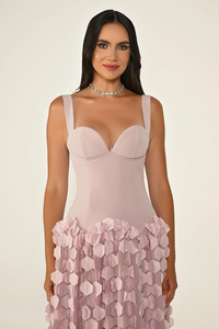 ÜST LATEKS KUMAŞ ETEĞİ ÜÇ BOYUTLU UZUN ABİYE ELBİSE