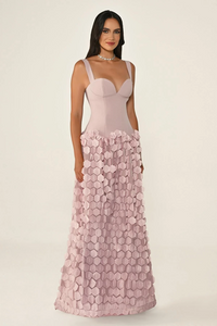 ÜST LATEKS KUMAŞ ETEĞİ ÜÇ BOYUTLU UZUN ABİYE ELBİSE