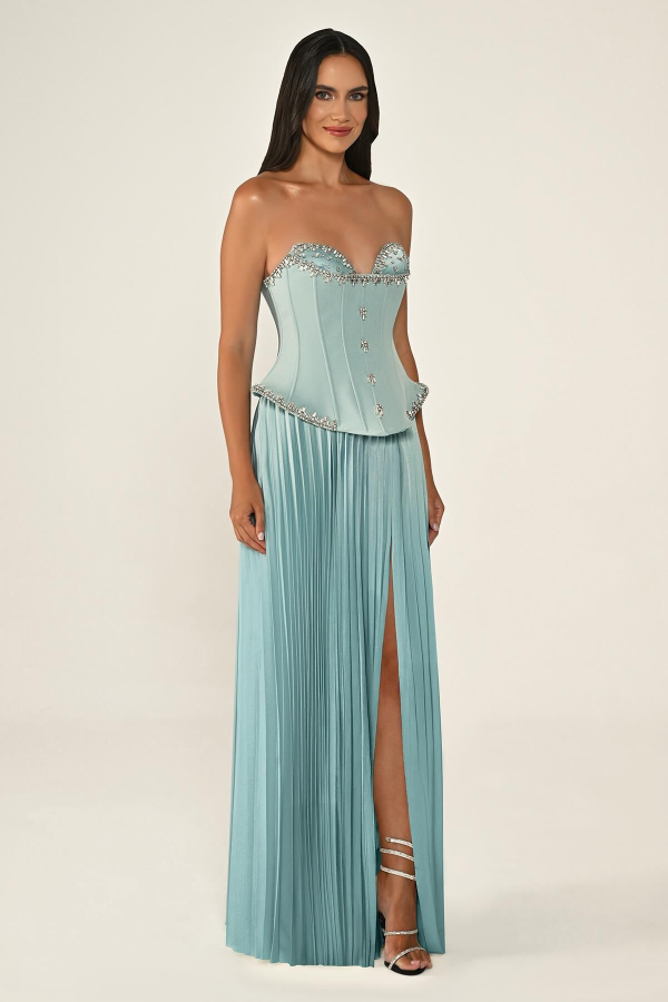 STRAPLEZ TAŞLI ÜST ETEGİ SATEN PLİSELİ UZUN ABİYE ELBİSE