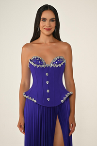 STRAPLEZ TAŞLI ÜST ETEGİ SATEN PLİSELİ UZUN ABİYE ELBİSE