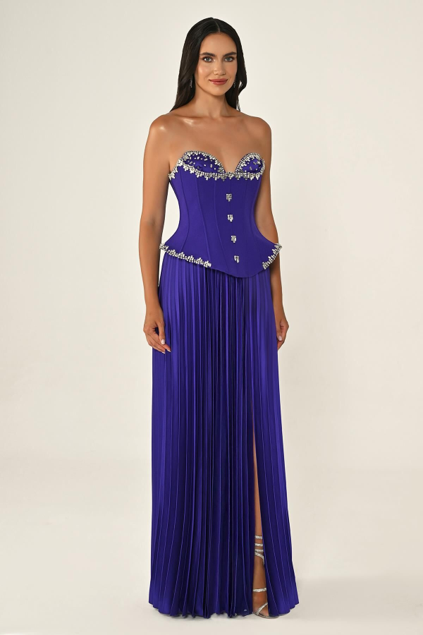 TAŞLI BÜSTİYER ETEGİ SATEN PİLİSELİ ABİYE