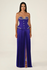 STRAPLEZ TAŞLI ÜST ETEGİ SATEN PLİSELİ UZUN ABİYE ELBİSE