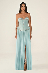 STRAPLEZ TAŞLI ÜST ETEGİ SATEN PLİSELİ UZUN ABİYE ELBİSE