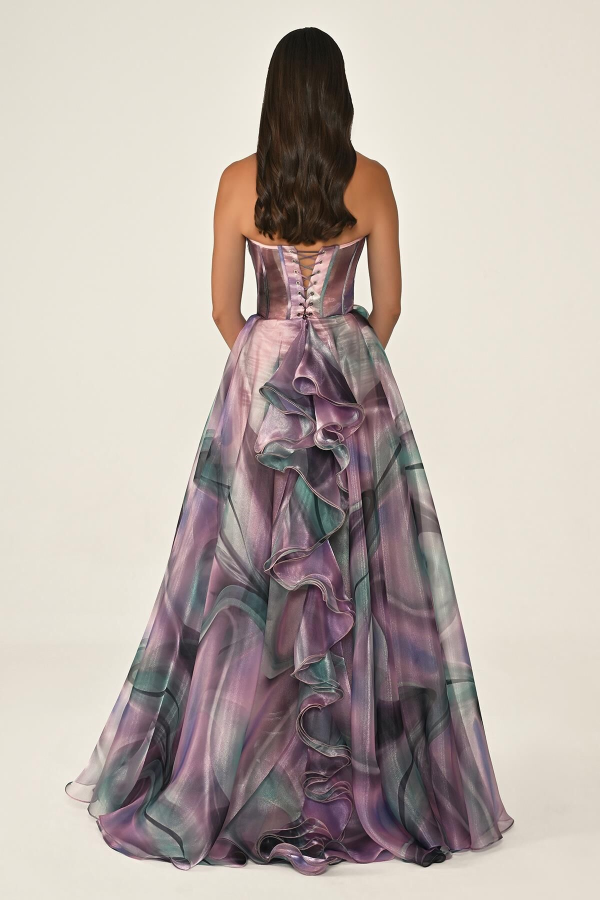 STRAPLEZ KORSE YIRTMAÇLI DESENLİ ORGANZE UZUN ABİYE ELBİSE