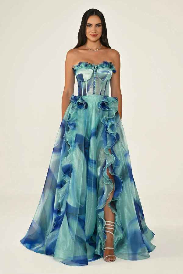 KORSE KALP YAKA STRAPLEZ YIRTMAÇLI ABİYE