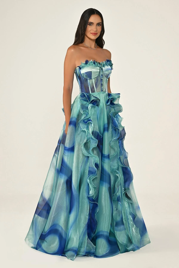 KORSE KALP YAKA STRAPLEZ YIRTMAÇLI ABİYE