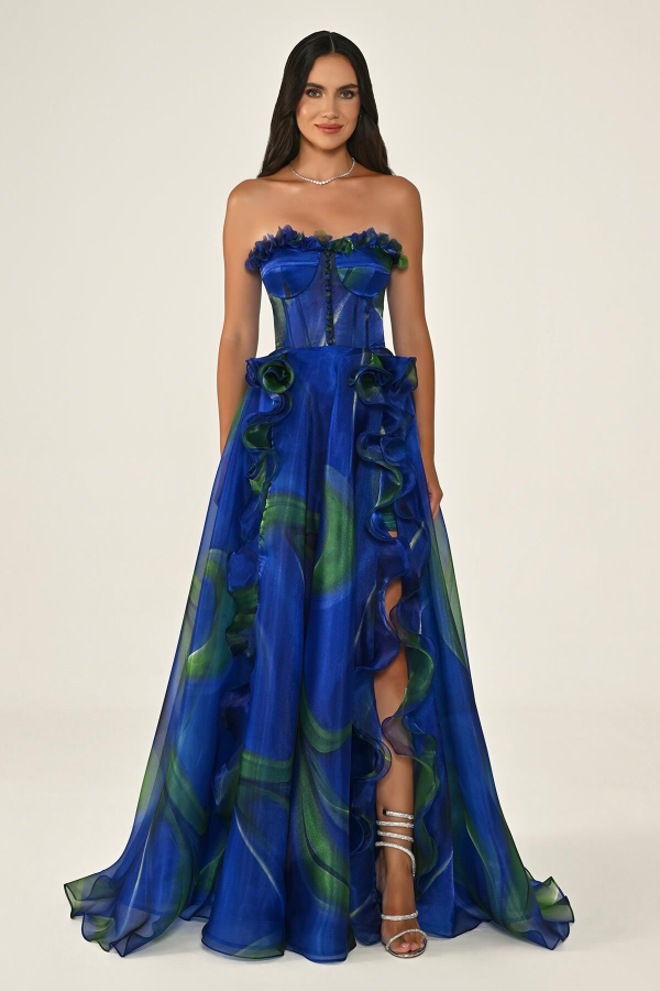 STRAPLEZ KORSE YIRTMAÇLI DESENLİ ORGANZE UZUN ABİYE ELBİSE