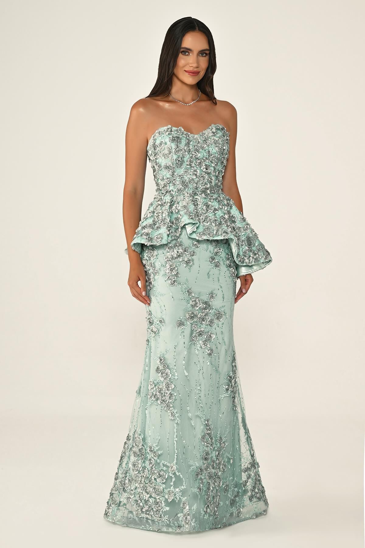 STRAPLEZ VOLAN DETAYLI BALIK ELBİSE