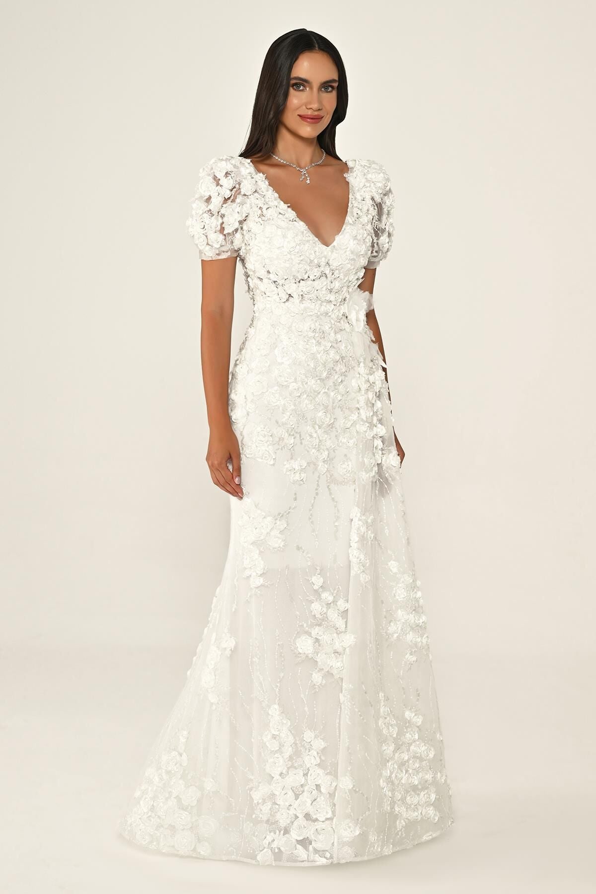 KARPUZ KOLLU 3 BOYUT ÇİÇEK AKSESUARLI UZUN ABİYE ELBİSE