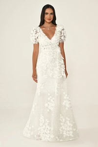 KARPUZ KOLLU 3 BOYUT ÇİÇEK AKSESUARLI UZUN ABİYE ELBİSE