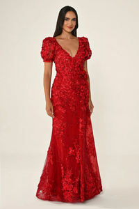 KARPUZ KOLLU 3 BOYUT ÇİÇEK AKSESUARLI UZUN ABİYE ELBİSE