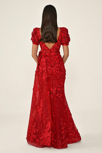 KARPUZ KOLLU 3 BOYUT ÇİÇEK AKSESUARLI UZUN ABİYE ELBİSE