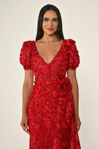 KARPUZ KOLLU 3 BOYUT ÇİÇEK AKSESUARLI UZUN ABİYE ELBİSE