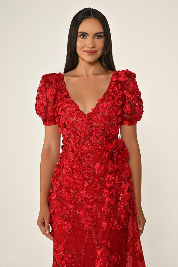 KARPUZ KOLLU 3 BOYUT ÇİÇEK AKSESUARLI UZUN ABİYE ELBİSE