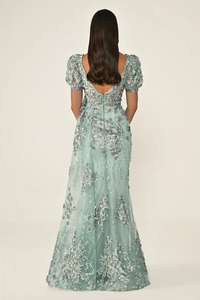 KARPUZ KOLLU 3 BOYUT ÇİÇEK AKSESUARLI UZUN ABİYE ELBİSE