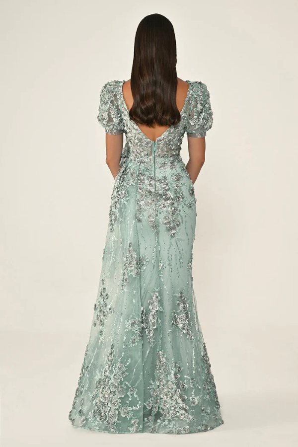 KARPUZ KOLLU 3 BOYUT ÇİÇEK AKSESUARLI UZUN ABİYE ELBİSE