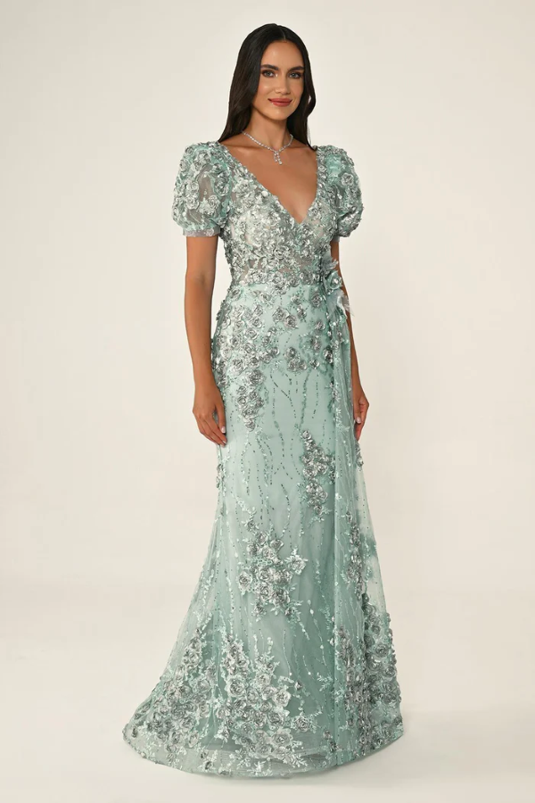 KARPUZ KOLLU 3 BOYUT ÇİÇEK AKSESUARLI UZUN ABİYE ELBİSE