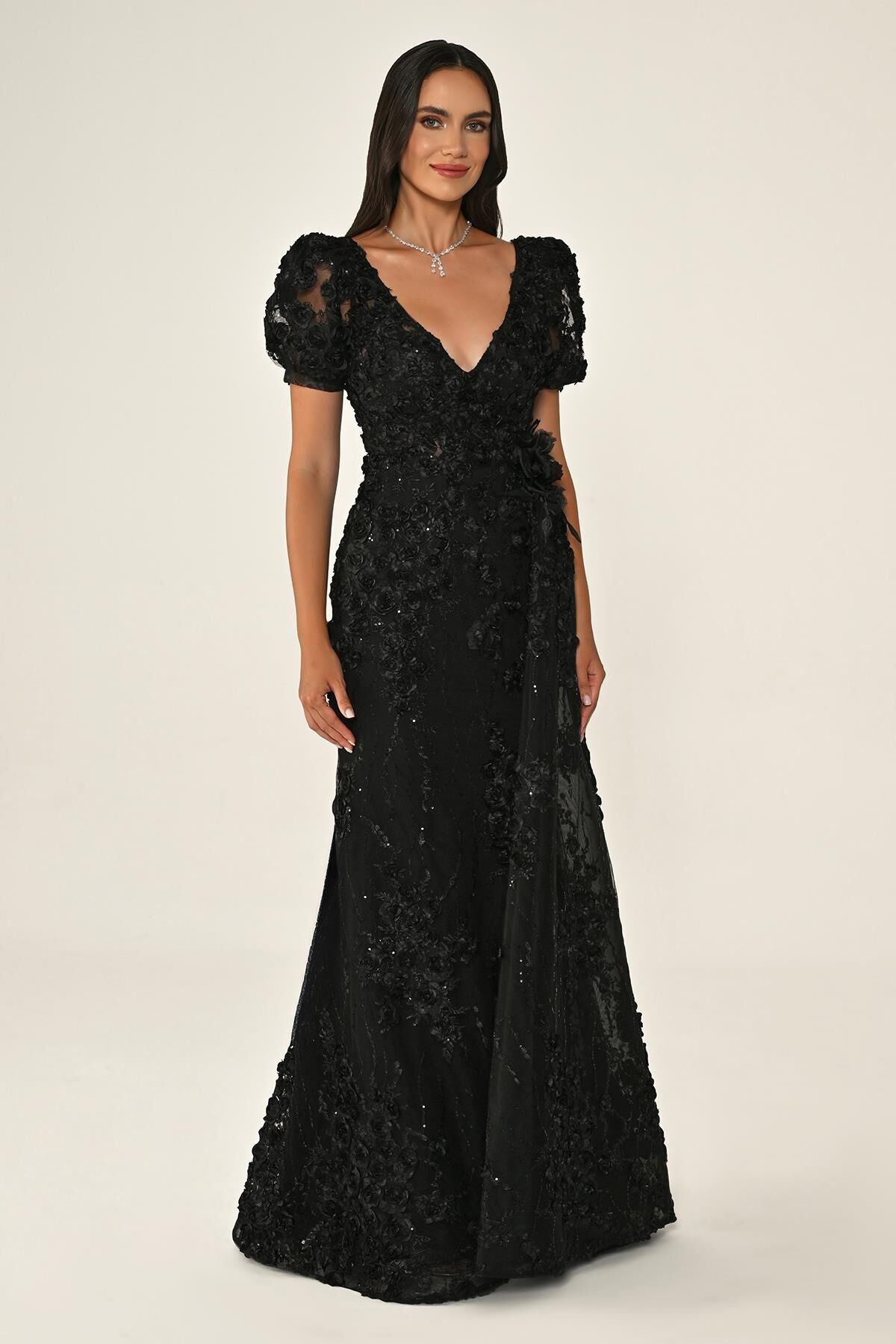 KARPUZ KOLLU 3 BOYUT ÇİÇEK AKSESUARLI UZUN ABİYE ELBİSE