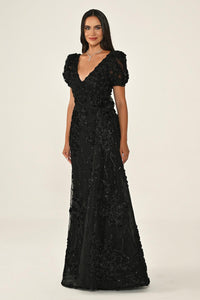 KARPUZ KOLLU 3 BOYUT ÇİÇEK AKSESUARLI UZUN ABİYE ELBİSE