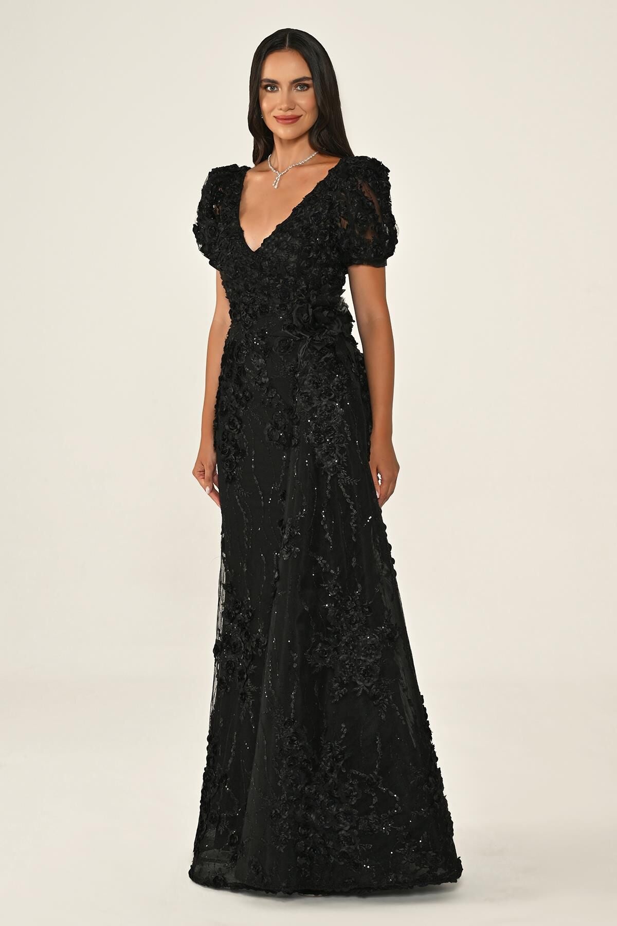 KARPUZ KOLLU 3 BOYUT ÇİÇEK AKSESUARLI UZUN ABİYE ELBİSE