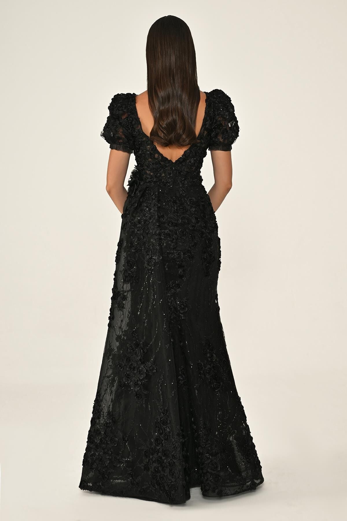 KARPUZ KOLLU 3 BOYUT ÇİÇEK AKSESUARLI UZUN ABİYE ELBİSE