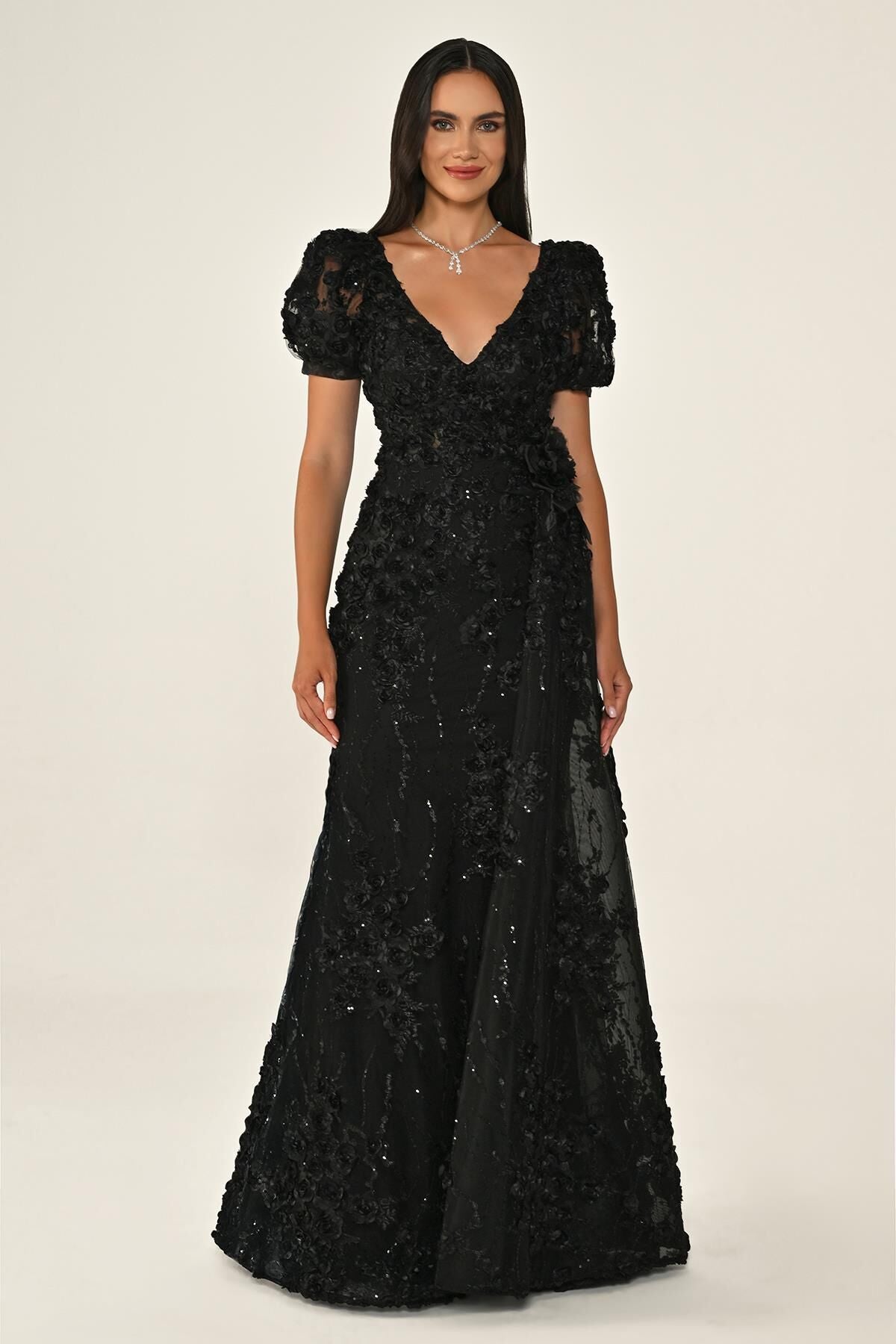 KARPUZ KOLLU 3 BOYUT ÇİÇEK AKSESUARLI UZUN ABİYE ELBİSE